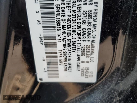 2003 Honda Odyssey EX-L with VIN 5FNRL189X3B114181, listed as a Copart auction lot 54316105 with 103,214 mi miles and Salvage Title. Bid and sale history available at DreamBid. Image 14.