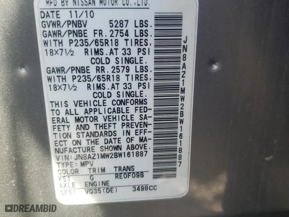 2011 Nissan Murano SV with VIN JN8AZ1MW2BW161887, listed as a Copart auction lot 52166935 with 135,818 mi miles and Clean Title. Bid and sale history available at carsss.com. Image 13.