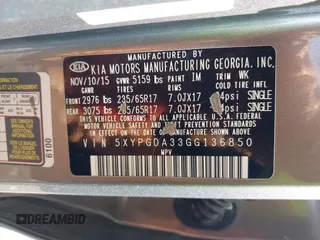 2016 Kia Sorento LX with VIN 5XYPGDA33GG136850, listed as a IAAI auction lot 42030317 with 120,798 mi miles and . Bid and sale history available at DreamBid. Image 9.