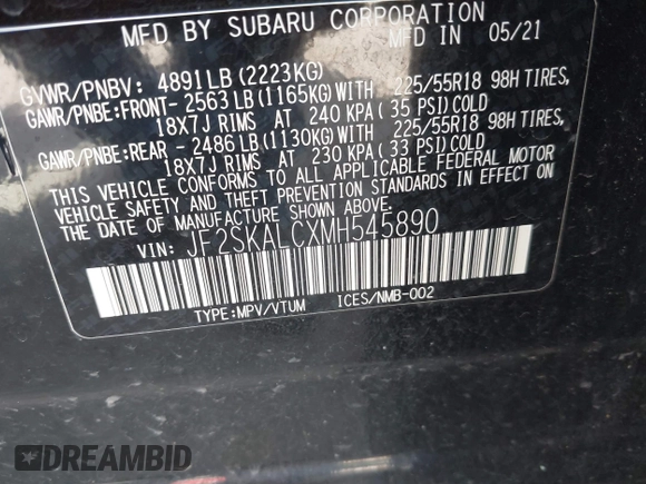 2021 Subaru Forester Special Sports with VIN JF2SKALCXMH545890, listed as a IAAI auction lot 42275690 with 76,461 mi miles and . Bid and sale history available at DreamBid. Image 9.