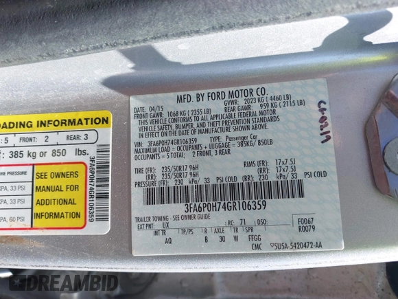 2016 Ford Fusion SE with VIN 3FA6P0H74GR106359, listed as a IAAI auction lot 42118469 with 158,622 mi miles and . Bid and sale history available at carsss.com. Image 9.