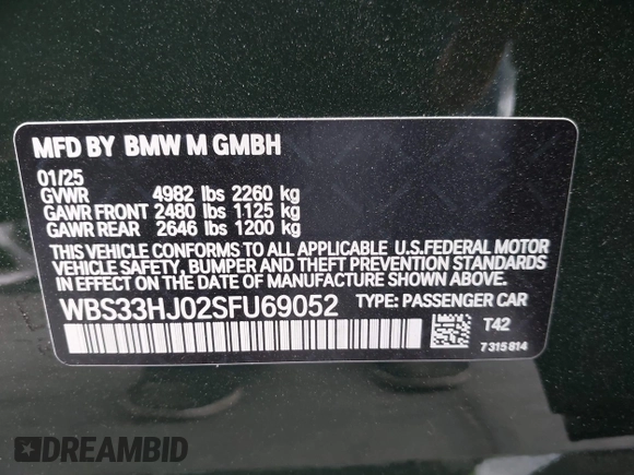 2025 BMW M3 Competition xDrive z VIN WBS33HJ02SFU69052, wystawiony jako IAAI lot #42430291 z przebiegiem Nie podano mil oraz . Historia ofert i sprzedaży dostępna na DreamBid. Obrazek 9.