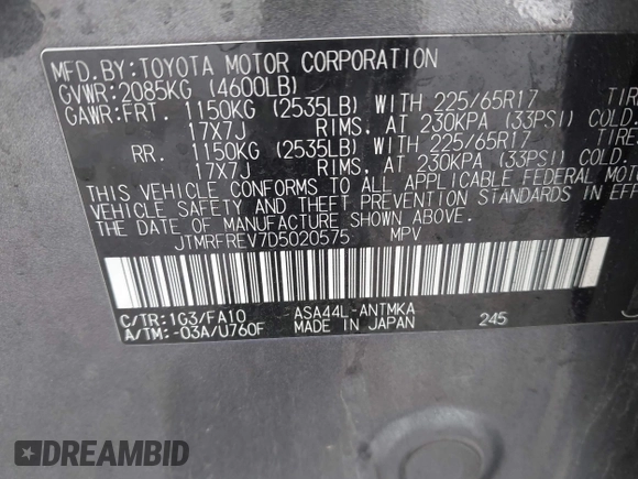 2013 Toyota RAV4 XLE with VIN JTMRFREV7D5020575, listed as a IAAI auction lot 42303486 with 189,032 mi miles and . Bid and sale history available at DreamBid. Image 9.