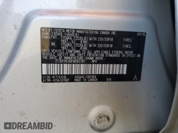 2015 Toyota RAV4 Limited with VIN 2T3DFREV6FW282187, listed as a Copart auction lot 49219535 with 101,252 mi miles and Salvage title. Bid and sale history available at DreamBid. Image 13.