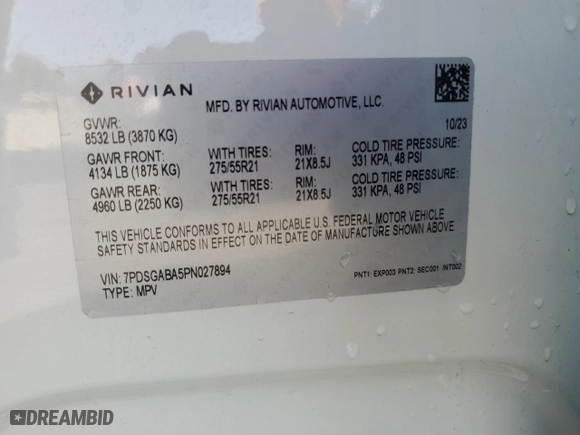 2023 Rivian R1S Adventure with VIN 7PDSGABA5PN027894, listed as a Copart auction lot 71442484 with 4,456 mi miles and Salvage Title. Bid and sale history available at carsss.com. Image 14.