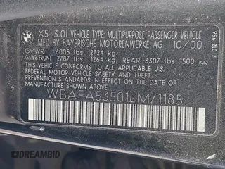 2001 BMW X5 3.0i with VIN WBAFA53501LM71185, listed as a IAAI auction lot 41610473 with 141,322 mi miles. Bid and sale history available at carsss.com. Image 9.