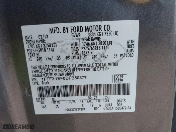2013 Ford F-150 XL with VIN 1FTFX1EF0DFB50377, listed as a IAAI auction lot 41715031 with NaN miles. Bid and sale history available at carsss.com. Image 9.
