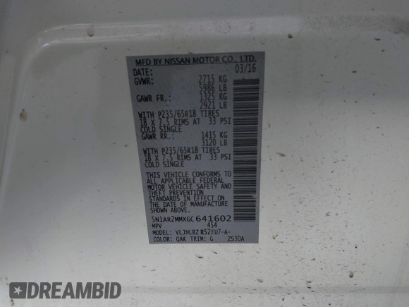 2016 Nissan Pathfinder S with VIN 5N1AR2MMXGC641602, listed as a IAAI auction lot 42174567 with 132,840 mi miles and . Bid and sale history available at DreamBid. Image 9.