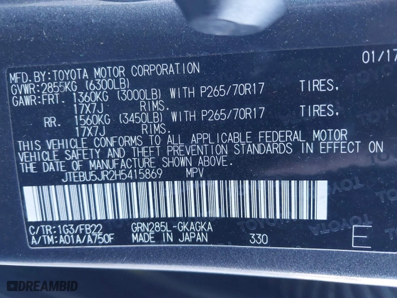 2017 Toyota 4Runner SR5 with VIN JTEBU5JR2H5415869, listed as a IAAI auction lot 40962324 with 104,143 mi miles. Bid and sale history available at carsss.com. Image 9.