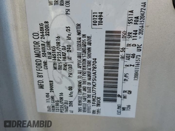 2005 Ford Explorer Sport Trac XLS с VIN 1FMZU77K75UA78704, выставлен на аукционе Copart как лот 41428235 с пробегом 148 689 миль миль и Списание • Salvage title. История ставок и продаж доступна на DreamBid. Изображение 12.