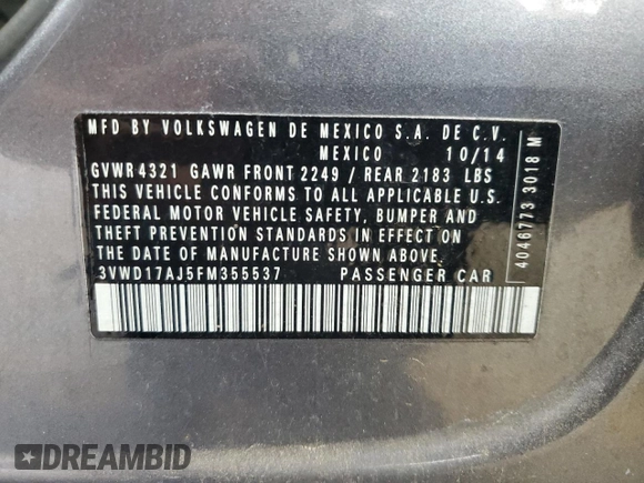 2015 Volkswagen Jetta SE with VIN 3VWD17AJ5FM355537, listed as a Copart auction lot 61904555 with 210,445 mi miles and Salvage title. Bid and sale history available at DreamBid. Image 12.