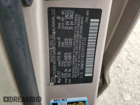 2007 Hyundai Santa Fe SE with VIN 5NMSH13E67H112133, listed as a Copart auction lot 63435165 with 208,329 mi miles and Clean title. Bid and sale history available at DreamBid. Image 13.