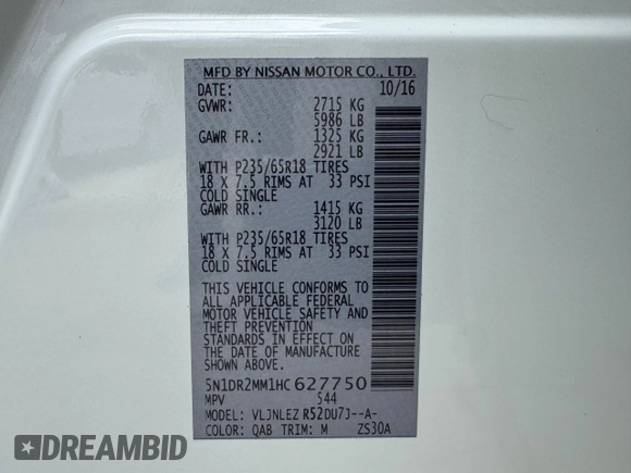 2017 Nissan Pathfinder SL with VIN 5N1DR2MM1HC627750, listed as a Copart auction lot 60175325 with 83,893 mi miles and Non repairable. Bid and sale history available at DreamBid. Image 15.