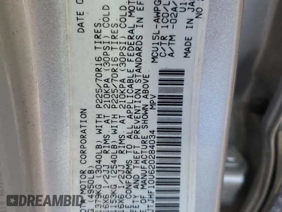 2002 Lexus RX 300 with VIN JTJHF10U620284034, listed as a Copart auction lot 84848444 with 0 mi miles and Salvage Title. Bid and sale history available at carsss.com. Image 12.