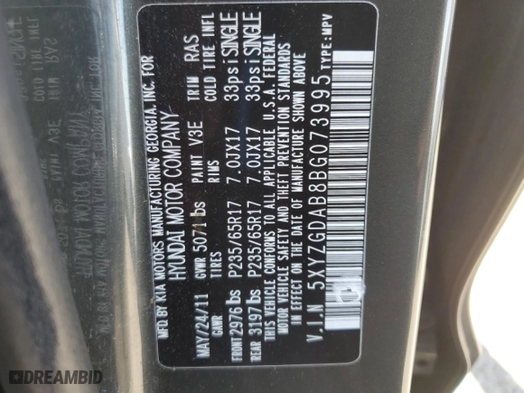 2011 Hyundai Santa Fe GLS with VIN 5XYZGDAB8BG073995, listed as a Copart auction lot 53595075 with 132,794 mi miles and Salvage Title. Bid and sale history available at carsss.com. Image 15.
