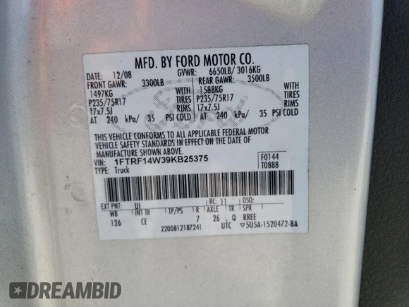 2009 Ford F-150 XL с VIN 1FTRF14W39KB25375, выставлен на аукционе Copart как лот 53756625 с пробегом 213 321 миль миль и Чистый • Clean title. История ставок и продаж доступна на DreamBid. Изображение 12.