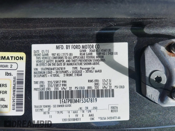 2015 Ford Mustang V6 с VIN 1FATP8EM4F5347819, выставлен на аукционе IAAI как лот 42692208 с пробегом 111 519 миль миль и . История ставок и продаж доступна на DreamBid. Изображение 9.