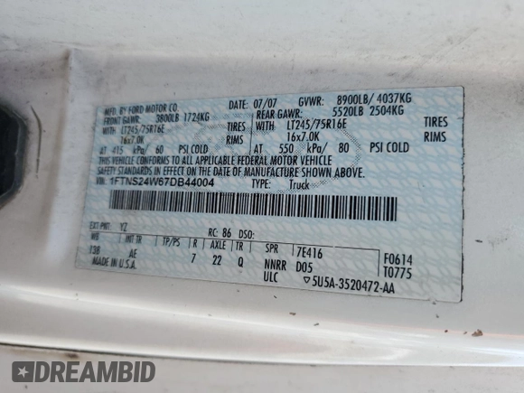 2007 Ford Econoline Cargo Commercial with VIN 1FTNS24W67DB44004, listed as a Copart auction lot 59058654 with 232,452 mi miles and Salvage Title. Bid and sale history available at DreamBid. Image 13.