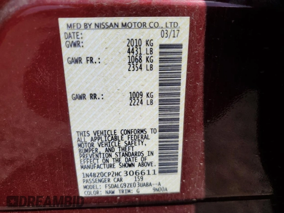 2017 Nissan LEAF SL z VIN 1N4BZ0CP2HC306611, wystawiony jako Copart lot #57336725 z przebiegiem 51 012 mil mil oraz Szkoda całkowita • Salvage title. Historia ofert i sprzedaży dostępna na DreamBid. Obrazek 12.