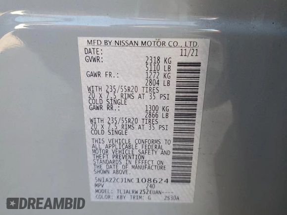 2022 Nissan Murano SL with VIN 5N1AZ2CJ1NC108624, listed as a Copart auction lot 42530305 with 29,733 mi miles and Salvage Title. Bid and sale history available at carsss.com. Image 13.
