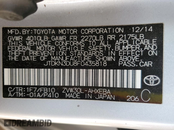 2015 Toyota Prius Four with VIN JTDKN3DU8F0435818, listed as a Copart auction lot 53450975 with 121,090 mi miles and Salvage title. Bid and sale history available at DreamBid. Image 12.
