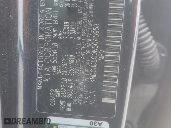 2022 Kia EV6 Wind with VIN KNDC3DLC0N5045953, listed as a Copart auction lot 45698615 with 39,762 mi miles and Salvage Title. Bid and sale history available at carsss.com. Image 13.
