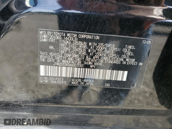 2006 Toyota RAV4 Sport with VIN JTMZD32V566003083, listed as a Copart auction lot 56046635 with 150,992 mi miles and Salvage title. Bid and sale history available at DreamBid. Image 13.