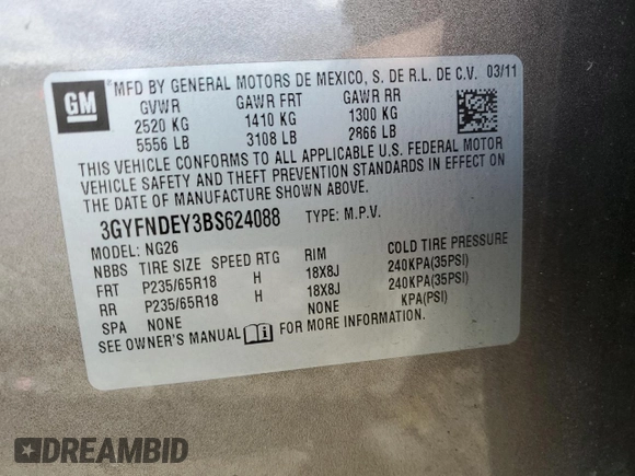 2011 Cadillac SRX Luxury Collection with VIN 3GYFNDEY3BS624088, listed as a Copart auction lot 48048955 with 142,297 mi miles and Salvage Title. Bid and sale history available at carsss.com. Image 13.