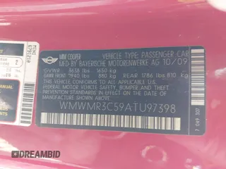 2010 MINI Convertible with VIN WMWMR3C59ATU97398, listed as a IAAI auction lot 41714054 with 12,663 mi miles and . Bid and sale history available at DreamBid. Image 9.