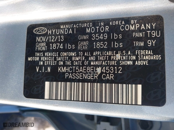 2014 Hyundai Accent GS with VIN KMHCT5AE8EU145312, listed as a IAAI auction lot 41021429 with 70,835 mi miles. Bid and sale history available at carsss.com. Image 9.