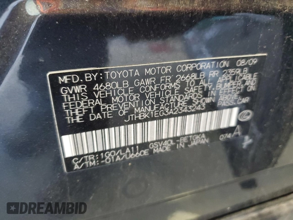 2010 Lexus ES 330 with VIN JTHBK1EG3A2343243, listed as a Copart auction lot 45902145 with 191,102 mi miles and Salvage Title. Bid and sale history available at DreamBid. Image 13.