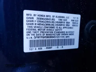 2016 Honda Pilot EX-L with VIN 5FNYF6H58GB045123, listed as a Copart auction lot 36246623 with Not Provided miles and Salvage Title. Bid and sale history available at carsss.com. Image 13.
