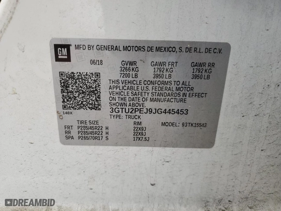 2018 GMC Sierra 1500 Denali with VIN 3GTU2PEJ9JG445453, listed as a Copart auction lot 50991655 with 114,828 mi miles and Salvage Title. Bid and sale history available at carsss.com. Image 13.