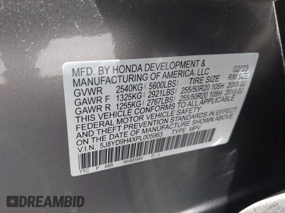 2023 Acura MDX Technology with VIN 5J8YD9H4XPL005963, listed as a IAAI auction lot 42325583 with 36,220 mi miles and . Bid and sale history available at DreamBid. Image 9.