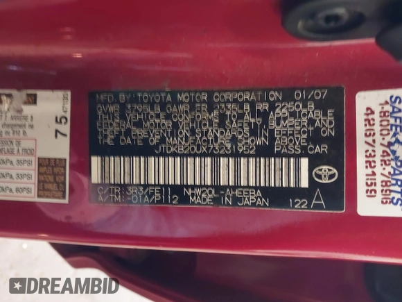 2007 Toyota Prius with VIN JTDKB20UX73231952, listed as a IAAI auction lot 41897782 with 160,071 mi miles. Bid and sale history available at carsss.com. Image 9.