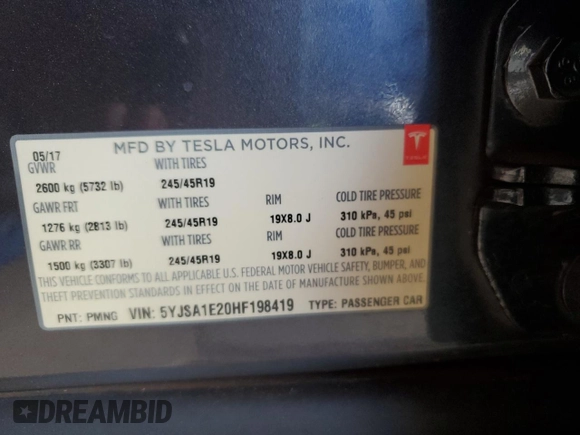 2017 Tesla Model S 100D with VIN 5YJSA1E20HF198419, listed as a Copart auction lot 61481605 with 52,853 mi miles and Salvage title. Bid and sale history available at DreamBid. Image 12.