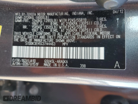 2012 Toyota Highlander Limited with VIN 5TDDK3EH5CS144463, listed as a Copart auction lot 59112575 with 144,513 mi miles and Salvage title. Bid and sale history available at DreamBid. Image 14.
