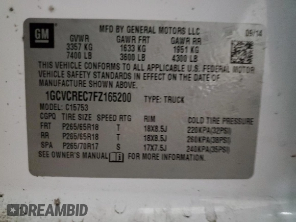 2015 Chevrolet Silverado 1500 LT with VIN 1GCVCREC7FZ165200, listed as a Copart auction lot 42174215 with 188,340 mi miles and Clean Title. Bid and sale history available at DreamBid. Image 13.