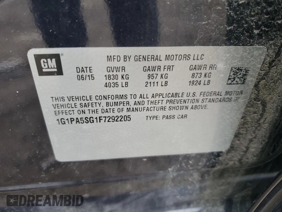 2015 Chevrolet Cruze LS with VIN 1G1PA5SG1F7292205, listed as a Copart auction lot 48153065 with 93,990 mi miles and Clean Title. Bid and sale history available at DreamBid. Image 14.