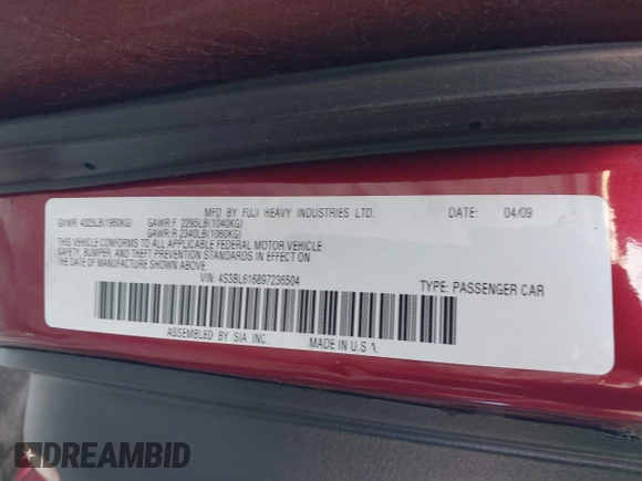 2009 Subaru Legacy Special with VIN 4S3BL616897236504, listed as a IAAI auction lot 42346095 with 127,781 mi miles and . Bid and sale history available at DreamBid. Image 9.