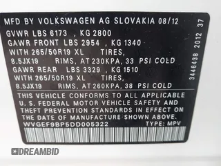 2013 Volkswagen Touareg Exec z VIN WVGEF9BP5DD005322, wystawiony jako IAAI lot #42146276 z przebiegiem 154 498 mil mil oraz . Historia ofert i sprzedaży dostępna na DreamBid. Obrazek 9.