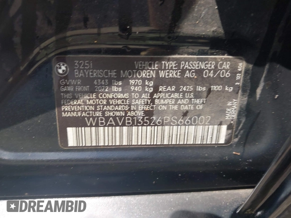 2006 BMW 3 Series 325i with VIN WBAVB13526PS66002, listed as a IAAI auction lot 42628239 with Not provided miles and . Bid and sale history available at DreamBid. Image 9.