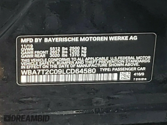 2020 BMW 7 Series 740i with VIN WBA7T2C09LCD64580, listed as a Copart auction lot 70883843 with 46,533 mi miles and . Bid and sale history available at DreamBid. Image 13.