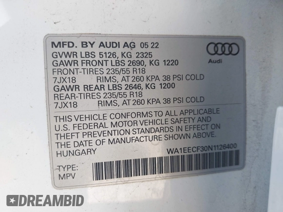 2022 Audi Q3 S line Premium Plus z VIN WA1EECF30N1126400, wystawiony jako IAAI lot #41822175 z przebiegiem 28 850 mil mil oraz . Historia ofert i sprzedaży dostępna na DreamBid. Obrazek 9.
