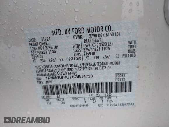 2025 Ford Explorer Platinum with VIN 1FMWK8HC7SGB14729, listed as a IAAI auction lot 41942013 with 1,264 mi miles and . Bid and sale history available at DreamBid. Image 9.