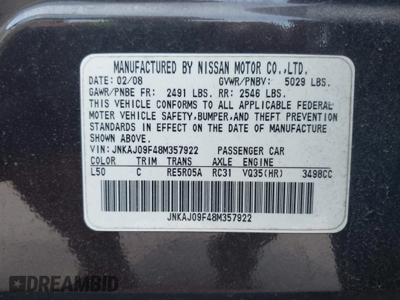 2008 Infiniti EX Journey with VIN JNKAJ09F48M357922, listed as a IAAI auction lot 42604163 with 148,161 mi miles and . Bid and sale history available at DreamBid. Image 9.