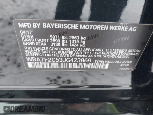 2018 BMW 7 Series ALPINA B7 xDrive with VIN WBA7F2C53JG423869, listed as a IAAI auction lot 41126241 with 70,760 mi miles. Bid and sale history available at carsss.com. Image 9.