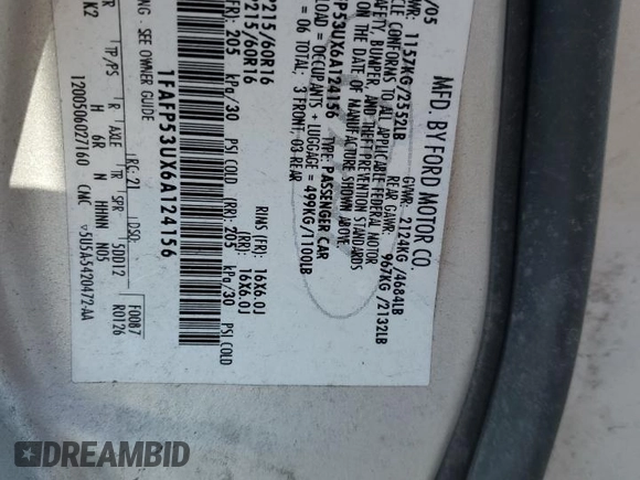 2006 Ford Taurus SE с VIN 1FAFP53UX6A124156, выставлен на аукционе Copart как лот 62056905 с пробегом 121 043 миль миль и Списание • Salvage title. История ставок и продаж доступна на DreamBid. Изображение 12.