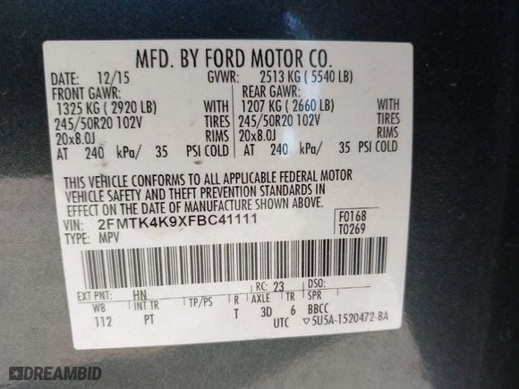 2015 Ford Edge Titanium with VIN 2FMTK4K9XFBC41111, listed as a IAAI auction lot 40880956 with 115,947 mi miles. Bid and sale history available at carsss.com. Image 9.
