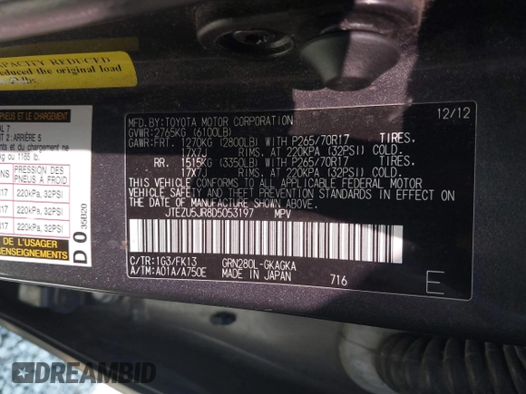 2013 Toyota 4Runner SR5 z VIN JTEZU5JR8D5053197, wystawiony jako IAAI lot #41973107 z przebiegiem 217 750 mil mil oraz . Historia ofert i sprzedaży dostępna na DreamBid. Obrazek 9.